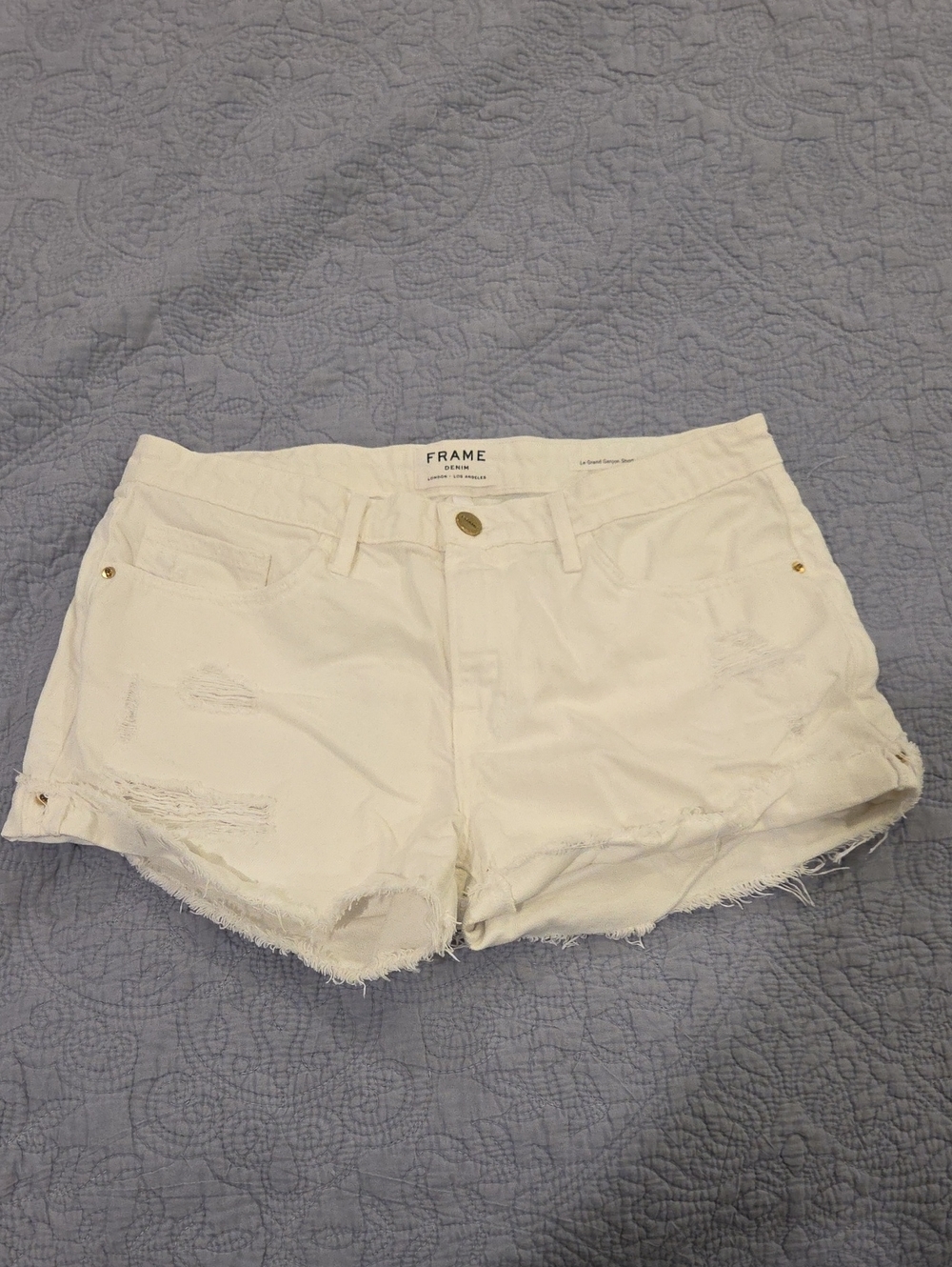 Frame Denim "Le Grand Garcon" White Frayed Distressed Jean Shorts Size 27!
